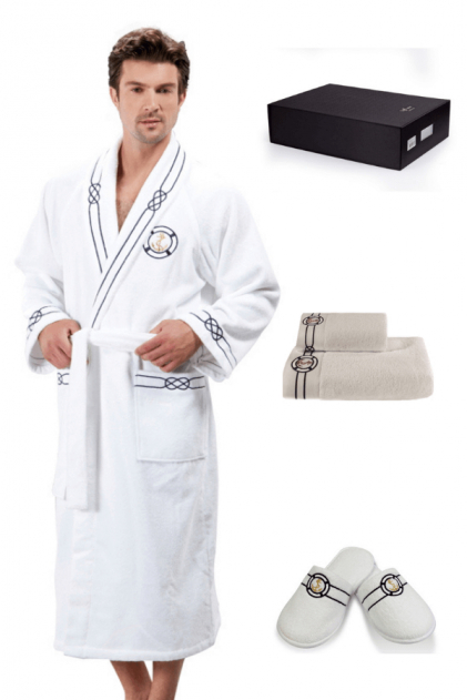 Soft Cotton Luxusní pánský župan s ručníkem a pupučemi MARINE MAN v dárkovém balení Bílá XL + papučky (42/44) + ručník + box