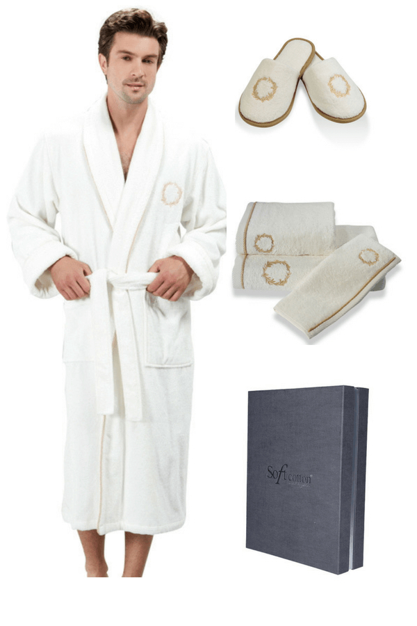 Soft Cotton Luxusní pánský župan SEHZADE s ručníkem a papučkami v dárkovém balení Smetanová / zlatá výšivka M + papučky (40/42) + ručník + box
