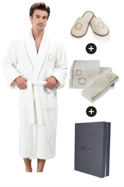 Soft Cotton Luxusní pánský župan SEHZADE s ručníkem a papučkami v dárkovém balení Bílá / stříbrná výšivka M + papučky (40/42) + ručník + box