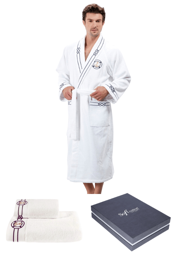 Soft Cotton Luxusní pánský župan MARINE MANs ručníkem a osuškou v dárkovém balení Bílá M + ručník + osuška +  box