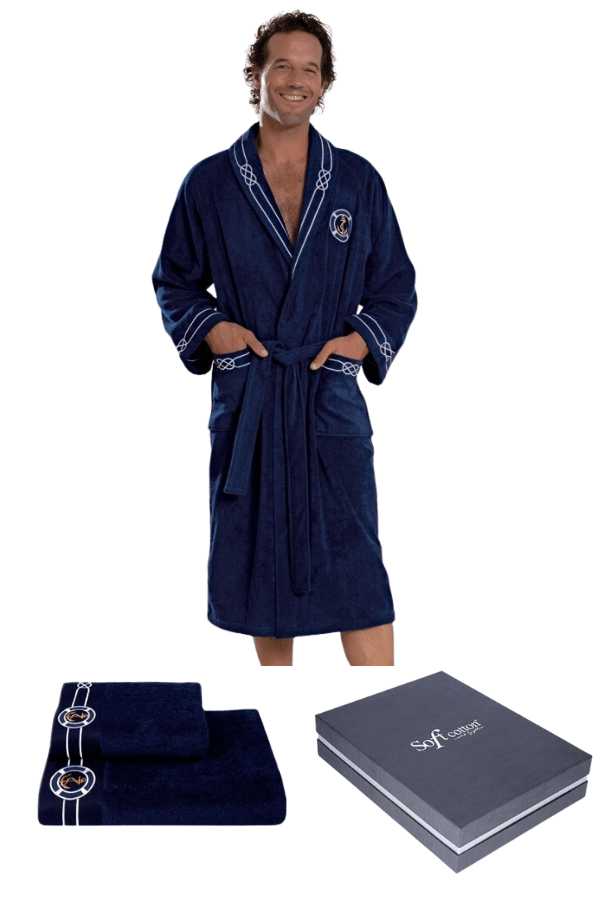 Soft Cotton Luxusní pánský župan MARINE MANs ručníkem a osuškou v dárkovém balení Tmavě modrá L + ručník + osuška +  box