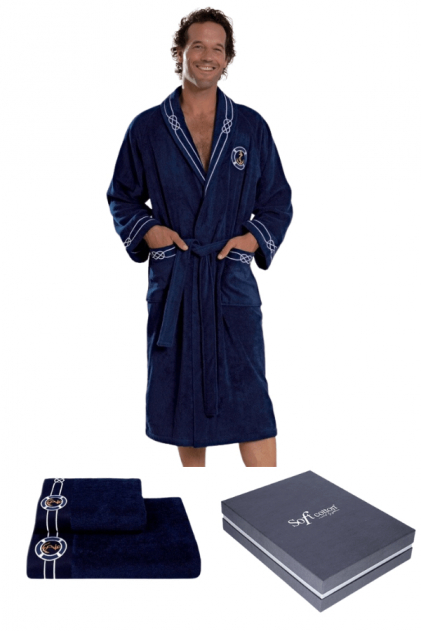 Soft Cotton Luxusní pánský župan MARINE MANs ručníkem a osuškou v dárkovém balení Tmavě modrá XL + ručník + osuška +  box