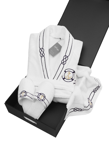 Soft Cotton Luxusní pánský župan s ručníkem a pupučemi MARINE MAN v dárkovém balení Bílá M + papučky (40/42) + ručník + box