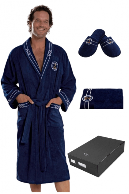 Soft Cotton Luxusní pánský župan s ručníkem a pupučemi MARINE MAN v dárkovém balení Tmavě modrá XL + papučky (42/44) + ručník + box