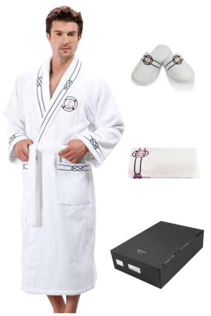 Soft Cotton Luxusní pánský župan s ručníkem a pupučemi MARINE MAN v dárkovém balení Tmavě modrá L + papučky (42/44) + ručník + box