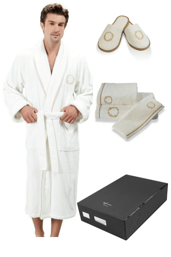 Soft Cotton Luxusní pánský župan SEHZADE s ručníkem a papučkami v dárkovém balení Smetanová / zlatá výšivka XL + papučky (42/44) + ručník + box