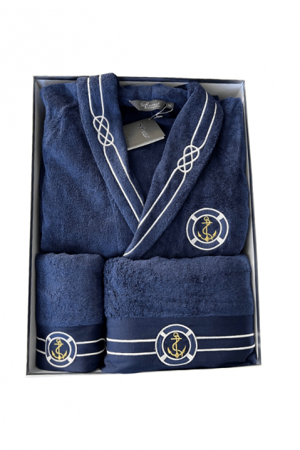Soft Cotton Luxusní pánský župan MARINE MANs ručníkem a osuškou v dárkovém balení Tmavě modrá M + ručník + osuška +  box